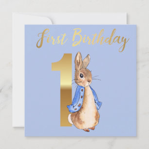 Peter the Rabbit with Gold First Birthday Text Invitation