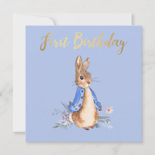 Peter the Rabbit with Gold First Birthday Text Invitation
