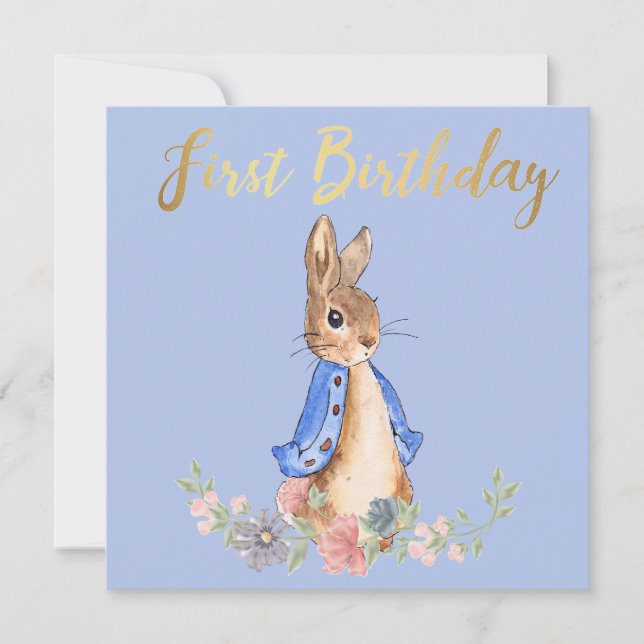 Peter the Rabbit with Gold First Birthday Text Invitation (Front)