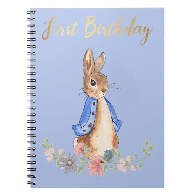 Peter the Rabbit with Gold First Birthday Text Notebook (Front)