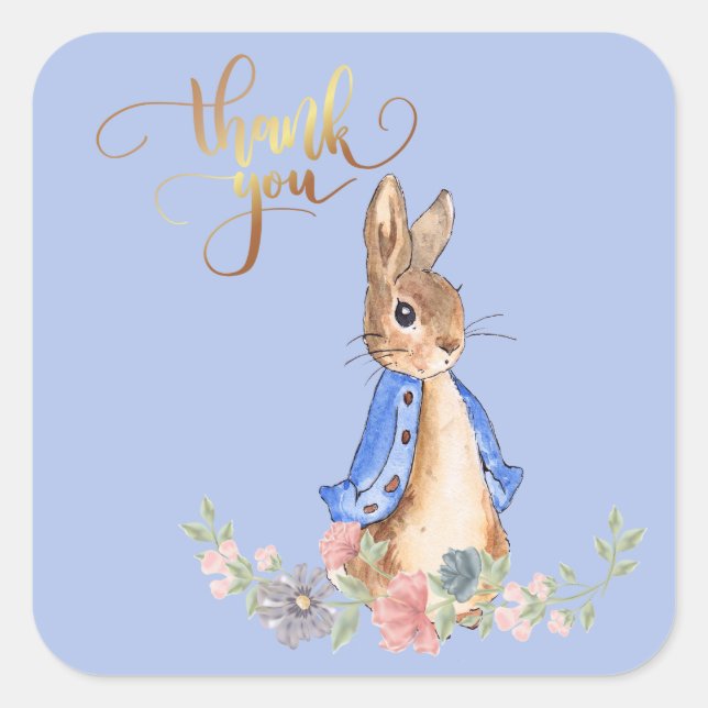 Peter the Rabbit with Gold Thank You Text Square Sticker (Front)