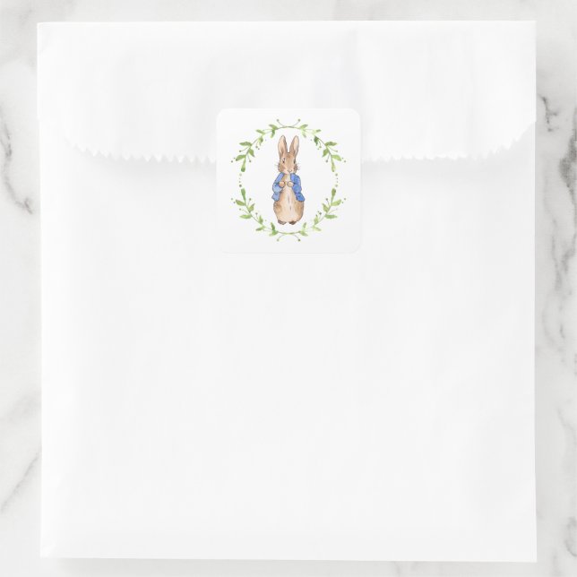 Peter the Rabbit with Green leaf Wreath   Square Sticker (Bag)