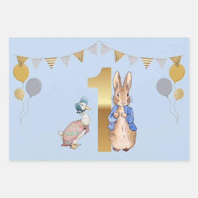 Peter the Rabbit with Jemima First Birthday Wrapping Paper Sheet (Front)