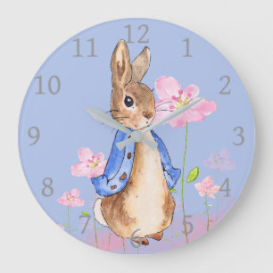 Peter the Rabbit with Pink Flowers Large Clock