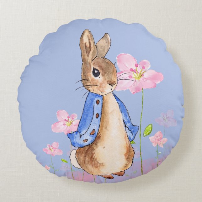 Peter the Rabbit with Pink Flowers Round Cushion (Front)