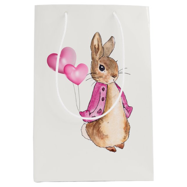 Peter the Rabbit with pink heart balloons Medium Gift Bag (Front)