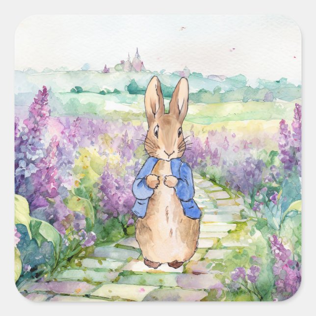Peter the Rabbit with watercolour lilacs  Square Sticker (Front)