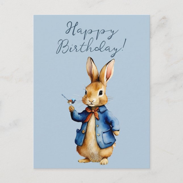 Peter the rabbit with Wren Happy Birthday Postcard (Front)