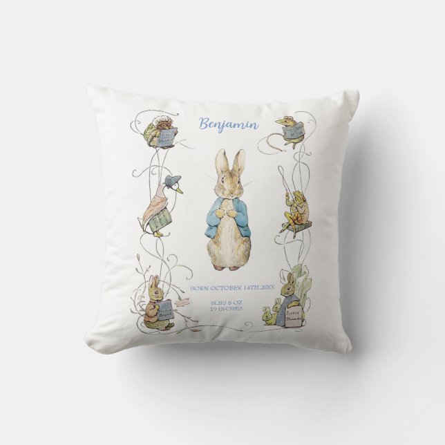 Peter the Rabbit Yellow Gingham Birth Stats Cushion (Front)