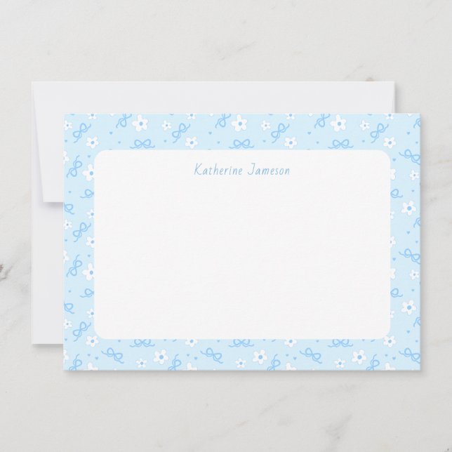 Petit Blue Whimsical Bows Daisy Monogram Notecard (Front)