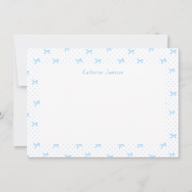 Petit Blue Whimsical Bows Monogram Notecard (Front)
