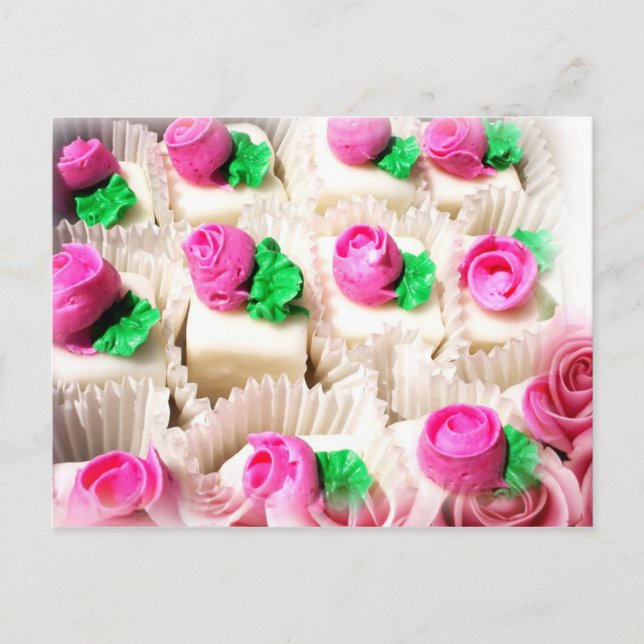 Petit Fours topped with delicate, pink rosebuds Postcard (Front)