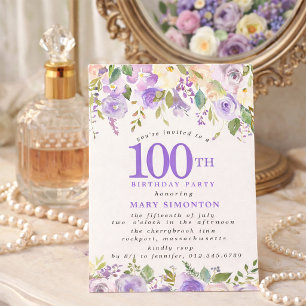 PETITE 100th Birthday Party Purple Rose Floral Invitation