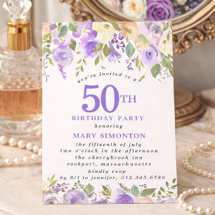 PETITE 50th Birthday Party Purple Rose Floral Invitation