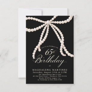 PETITE 65th Birthday Black White Pearl Bow Invitation