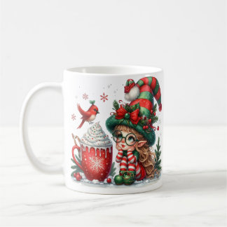 Petite elfe de Noël magique avec chocolat chaud et Coffee Mug