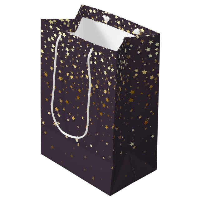 Petite Golden Stars Gift Bag in Purple (Front Angled)