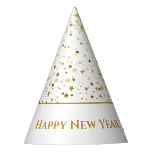 Petite Golden Stars Happy New Year Hat-White Party Hat
