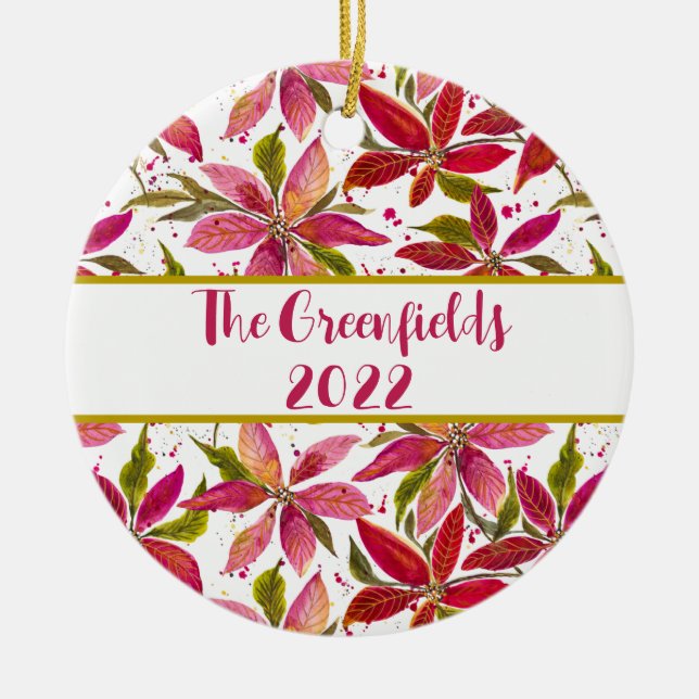 Petite Poinsettias Customisable Ceramic Ornament (Front)