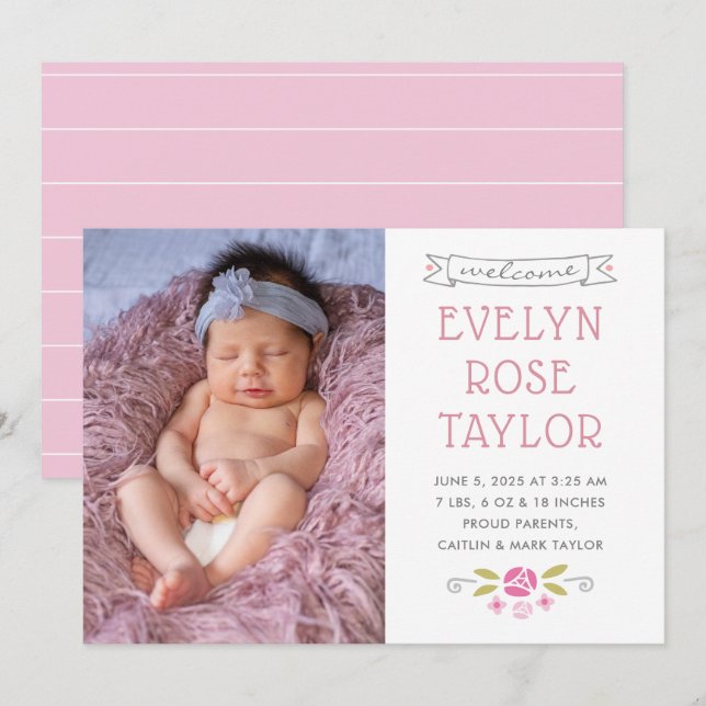 Petite Rose birth announcement card (Front/Back)