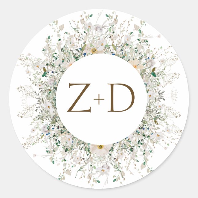 Petite Wildflower Monogram Wedding Classic Round Sticker (Front)