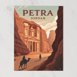 Petra, Jordan Postcard<br><div class="desc">Illustrate a vintage travel poster for Petra, Jordan. Focus on the famous Al-Khazneh (Treasury) carved into the rose-red rock cliffs. Frame it with a narrow gorge (Siq) path with a camel and a traveller entering the scene. Use warm terracotta, orange, and sand tones with stylised rock textures. Emphasise shadows and...</div>