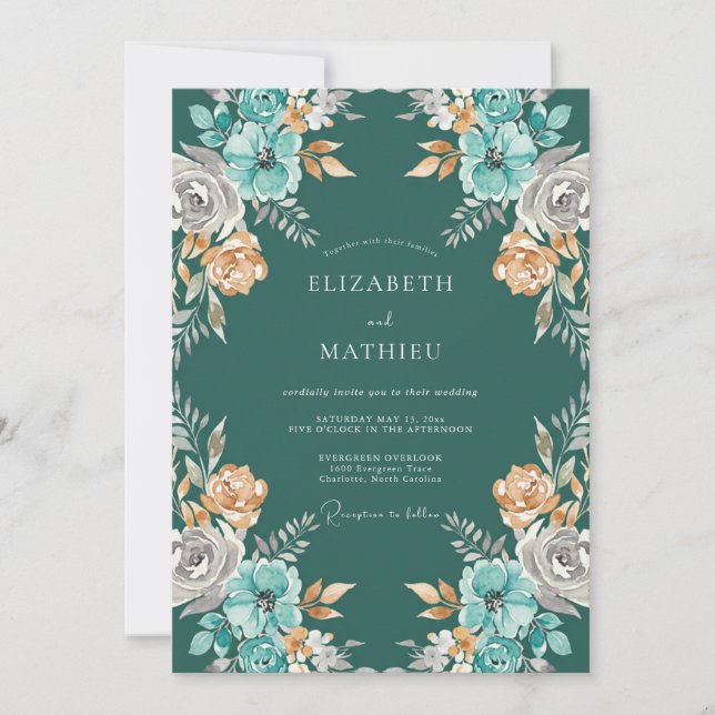 Petrol Amber Ranunculus Eucalyptus Wedding Invitation (Front)