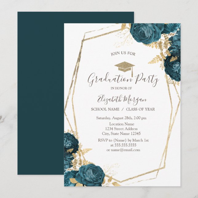 Petrol Blush Roses,Grad Cap,Graduation  Invitation (Front/Back)