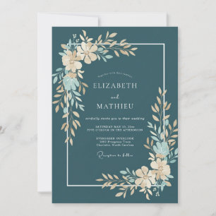 Petrol Champagne Foliage Eucalyptus Wedding Invitation