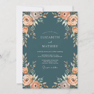 Petrol Coral Painted Wedding Invitation