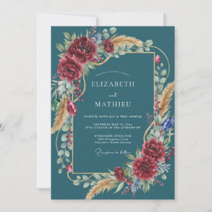Petrol Crimson Ranunculus Eucalyptus Wedding Invitation