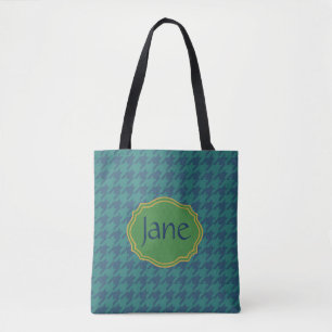 Petrol Leaf Houndstooth Personalised Tote Bag