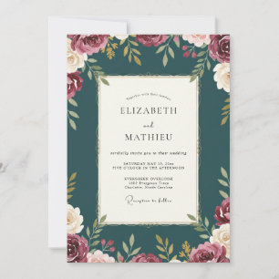 Petrol Maroon Petal Wedding Invitation