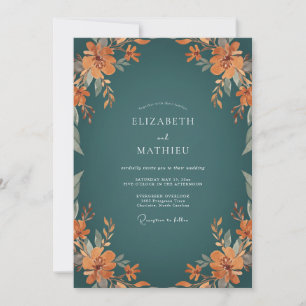 Petrol Orange Wildflower Wedding Invitation