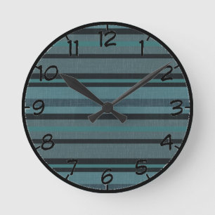 Petrol Teal Blue Grey Linen Look Striped Design Round Clock