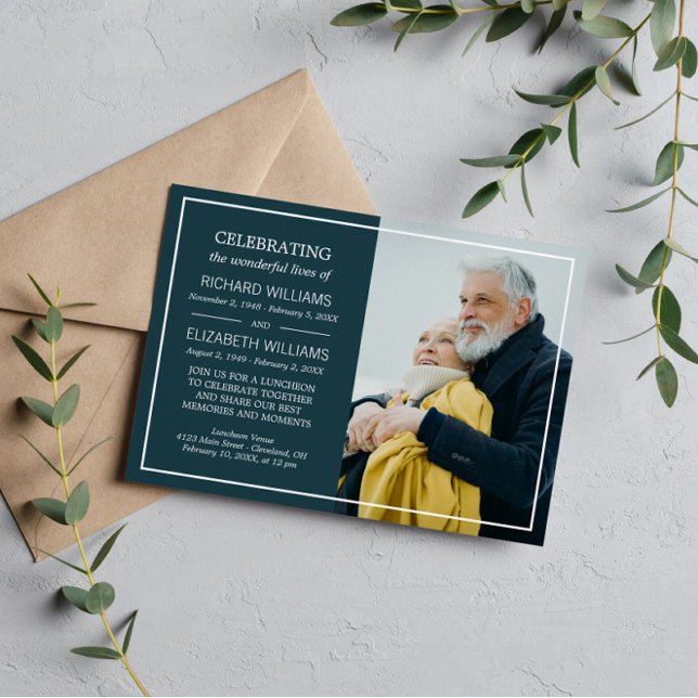 Petroleum Blue Simple Frame Photo Double Memorial Invitation (Creator Uploaded)