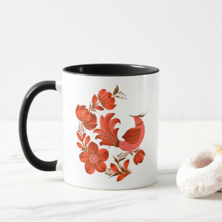 Petrykivka Inspired Red Folk Art Bird & Floral Mug