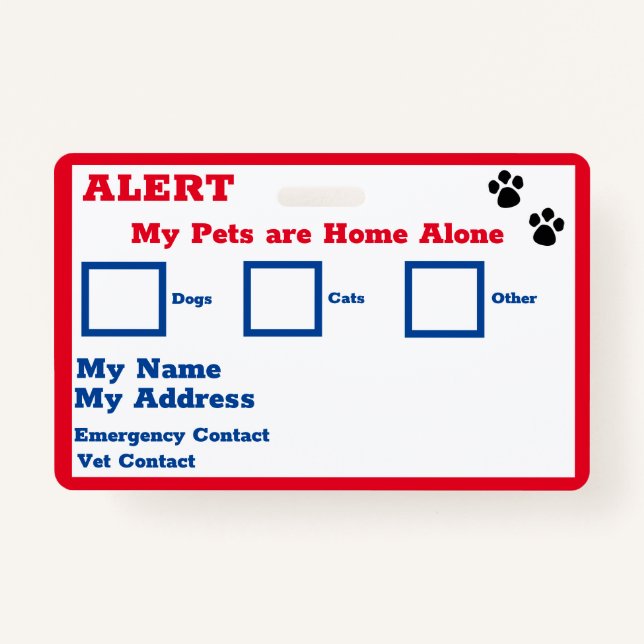 Pets Alert Wallet Card  ID Badge (Front)