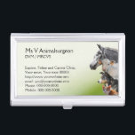 Pets and livestock vet practice business card holder<br><div class="desc">A veterinarian business card holder with a photo of a grey horse, a white calf. a cattle dog, and a ginger cat, cut out on a graduated green background. The template is set up for a large and small animal vet, whose surgery or clinic deals with both pets and farm...</div>