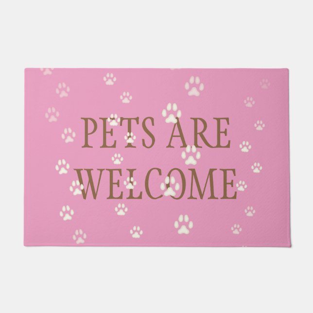 "Pets Are Welcome" Cats & Dogs Pawprints Pink Doormat (Front)