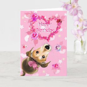 Pets Birthday Card Little Dog With Pink Ribbon