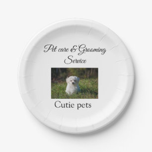 Pets care grooming service add name address text paper plate