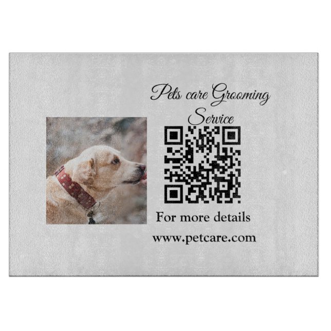Pets care grooming service Q R code add name text Cutting Board (Front)
