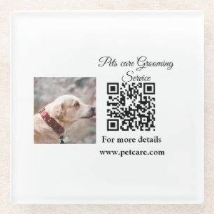 Pets care grooming service Q R code add name text Glass Coaster