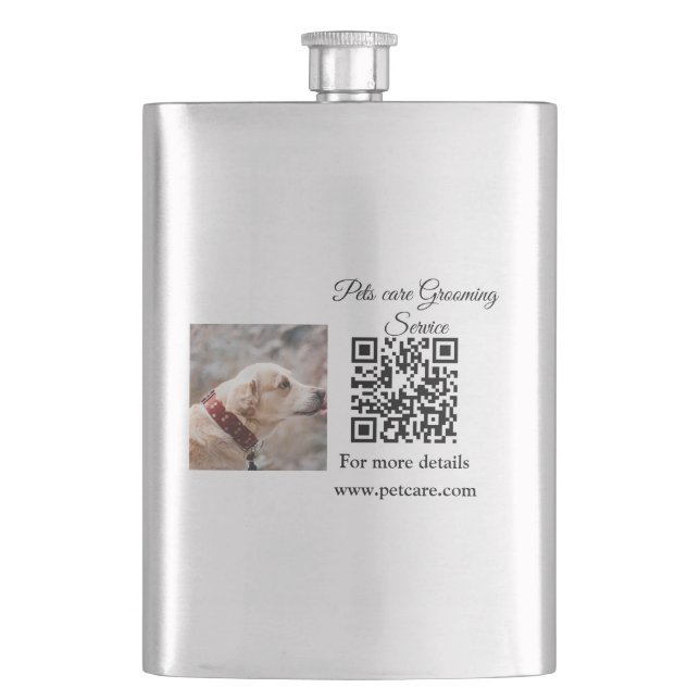 Pets care grooming service Q R code add name text Hip Flask (Front)
