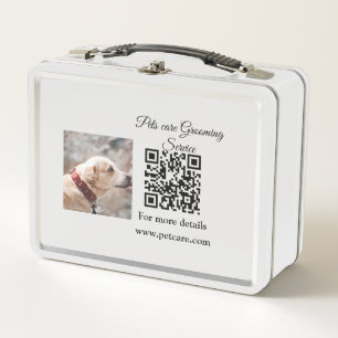 Pets care grooming service Q R code add name text Metal Lunch Box