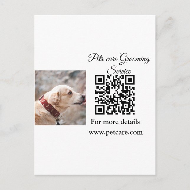 Pets care grooming service Q R code add name text Postcard (Front)