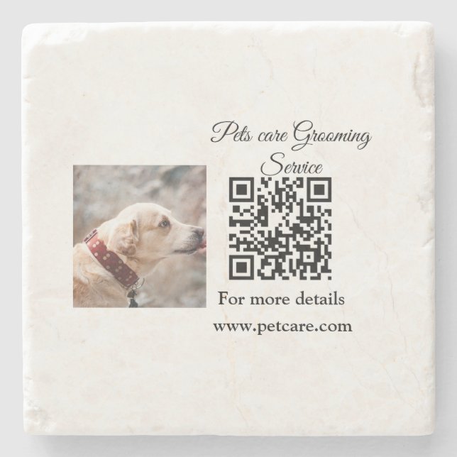 Pets care grooming service Q R code add name text Stone Coaster (Front)