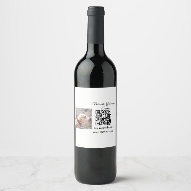 Pets care grooming service Q R code add name text Wine Label (Front)