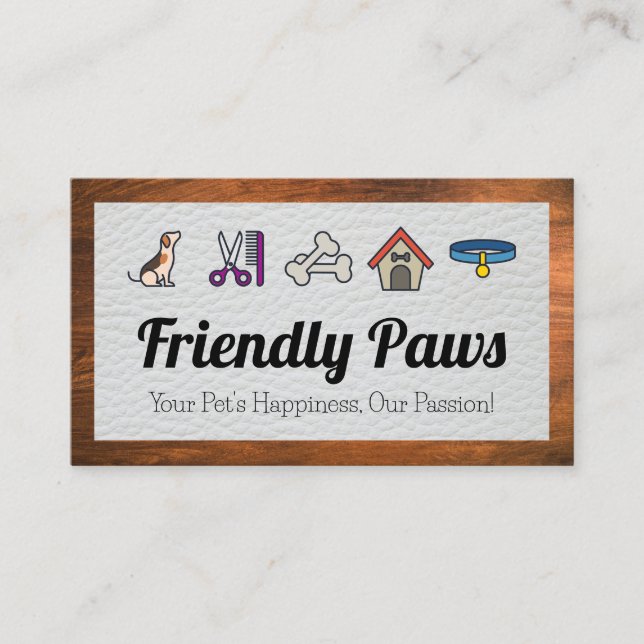 Pets Care Icons | Leather and Wood Business Card (Front)